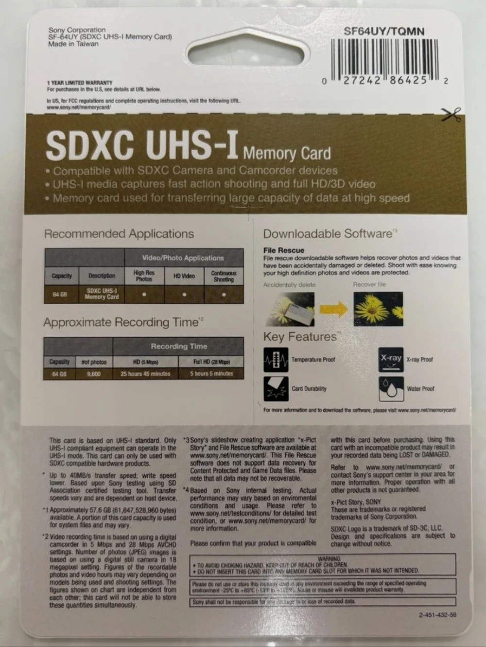 Sony 64GB SDXC UHS-I Class 10 Digital Mirror Camera SD Memory Card SF64UY/TQ1